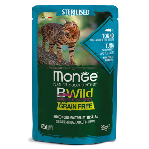 Monge Cat Wet BWild Grain Free Adult Sterilised Tuna with Shrimps and Vegetables